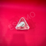 An aerial view of a clear, triangular soap dispenser's pump and top.