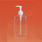 An empty, clear, rectangular soap dispenser with a white pump against an orange background.