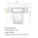 A diagram of the Eskimo 2-in-1 Multipurpose Holder showing its dimensions: 14 cm length, 10.5 cm width, and 11.5 cm height, along with specifications like raw material (ABS) and weight (100 gms).