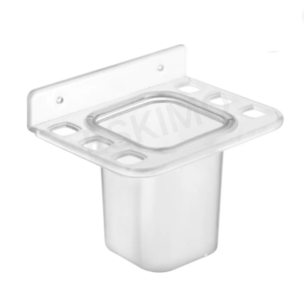A side-angle view of the Eskimo 2-in-1 Multipurpose Holder, a clear plastic wall-mounted organizer with a central cup and multiple side slots for holding various items.