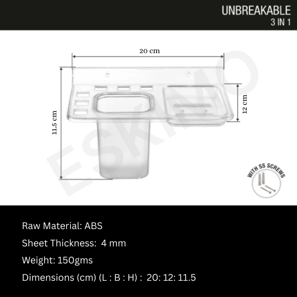Clear plastic Eskimo 3-in-1 multipurpose holder with dimensions shown in centimeters.