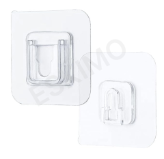 A pair of transparent adhesive hooks, showing the male and female components separated.
