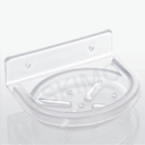 Clear plastic oval soap dish with a curved front and drainage slots, designed for wall mounting.