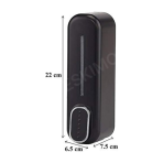 A black wall-mounted soap dispenser with its dimensions labeled: 22 cm tall, 6.5 cm wide, and 7.5 cm deep.
