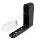 A disassembled black soap dispenser showing the black outer shell and a separate clear inner liquid container.