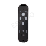 The back of a black and white wall-mounted soap dispenser, showing the mounting holes and adhesive pads.