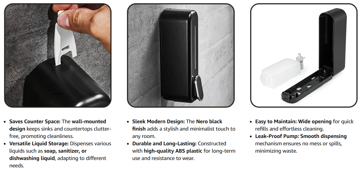 Black wall mounted soap dispenser installed in bathroom for liquid soap and sanitizer