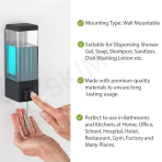 A hand pressing a wall-mounted soap dispenser, with text highlighting its key features, including wall-mountable design, premium materials, and suitability for various liquids.