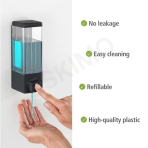 A hand dispensing liquid from the wall-mounted dispenser, with text emphasizing key product benefits like no leakage and being easy to clean and refill.