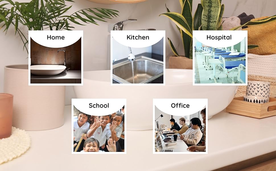 A wall-mounted soap dispenser shown in different locations: a home bathroom, a kitchen sink, a hospital room, a school, and an office.