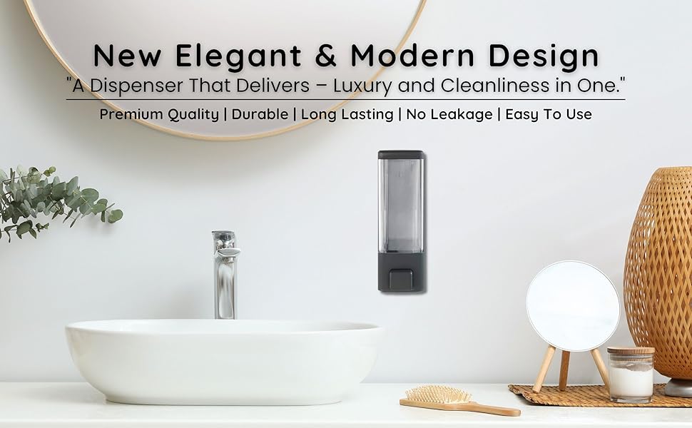 A stylish bathroom setting with the Eskimo Series-Z black wall-mounted soap dispenser mounted on a wall.