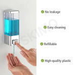 A hand dispensing soap from a wall-mounted dispenser, next to a list of product features.