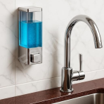 A modern bathroom sink with a wall-mounted soap dispenser and a chrome faucet.