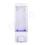 A wall-mounted soap dispenser with a clear, empty top half and a white bottom half, shown against a white background.