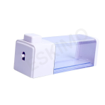 The top and side view of a wall-mounted soap dispenser, showing the clear lid and push button.