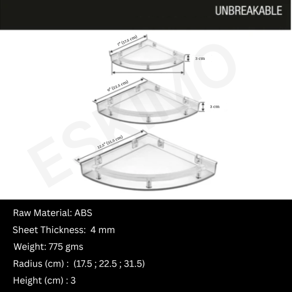 Technical drawing of the large Eskimo unbreakable ABS corner shelf set with dimensions (7, 9, and 12.5 inches).