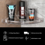An Eskimo transparent bathroom shelf with product benefits listed below, including 'Made in India' and '30 Days Easy Return'.
