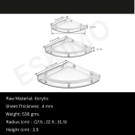 Eskimo acrylic corner shelf set specifications, showing three sizes with radii of 17.5 cm, 22.5 cm, and 31.5 cm.