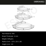 Eskimo unbreakable ABS plastic corner shelf set specifications, showing three sizes and highlighting its durable material.